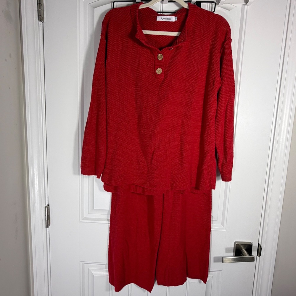 Anrabess Women Red Knit 2 Piece Lounge Set Henley Sweater Wide Leg Pants Small